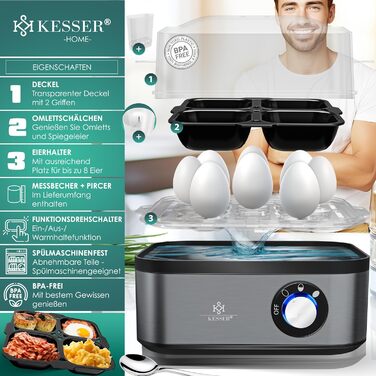 Електричний яйцеварка KESSER з нержавіючої сталі на 1-8 яєць, 500 Вт, з функцією підігріву, LED-керуванням, трьома режимами варіння, BPA-free, підходить для посудомийної машини, мірний стакан, тримач для яєць та миска для омлету, мідний колір