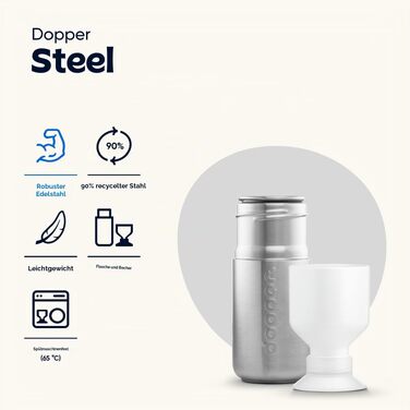 Сталева пляшка для води Dopper 350 мл, срібляста — герметична спортивна фляга з нержавіючої сталі 18/8, без BPA, для спорту, офісу та подорожей