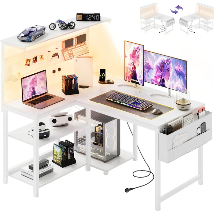 Ігровий стіл YOUDENOVA L-подібний з LED, розеткою USB, поличкою та перфорованою стінкою, 120x80 см. Комп'ютерний стіл для геймерів та дому, білий
