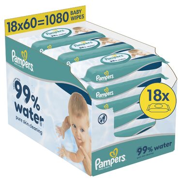 Дитячі вологі серветки Pampers 99% Water, гіпоалергенні, 1080 шт (18 пачок по 60 шт)