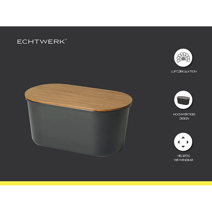 Хлібниця ECHTWERK FRESH, чорна, з кришкою та дошкою з акації, для зберігання до 1 кг хліба, 37x22x17 см