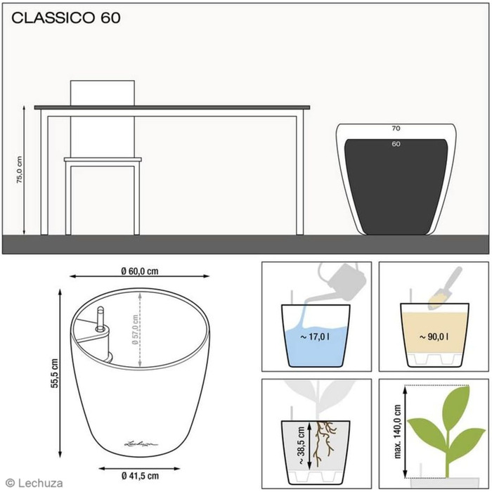 Горщик Lechuza Classico Premium 21 LS Комплект, Білий (60x60x55.5 см, Сріблястий, Однотонний)