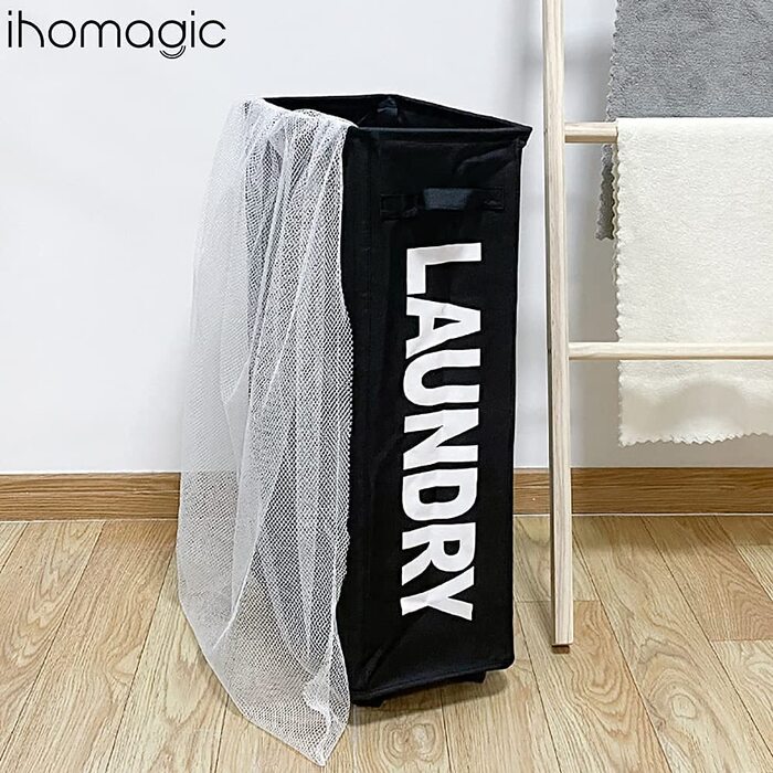 IHOMAGIC Кошик для білизни 62 л з колесами, знімний мішок, складаний, з ручками, чорний – для брудної білизни, зберігання речей