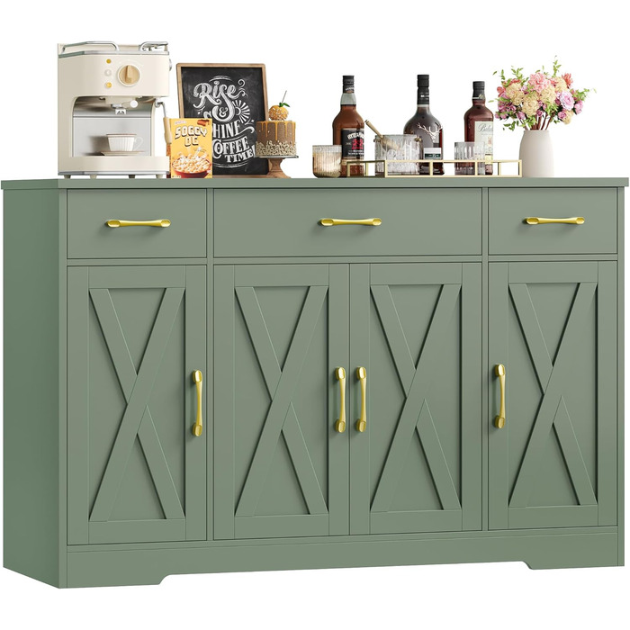 Sideboard HOCSOK 140 см: буфет з 3 ящиками, 4 дверцятами та 2 регульованими полицями, для кухні, вітальні, передпокою,  (зелений)