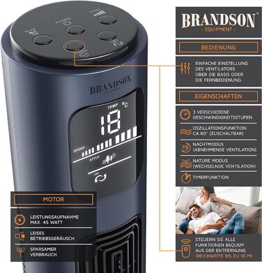 Турмовентилятор Brandson 96 см з пультом, 3 швидкості, осциляція 60°, мобільний підлоговий вентилятор, темно-синій, переможець 2024 року