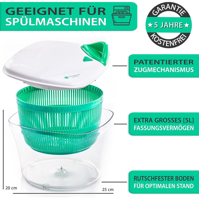 Салатниця з центрифугою Freegreen Germany 5л - біла, з рецептами та кришкою для зливу води