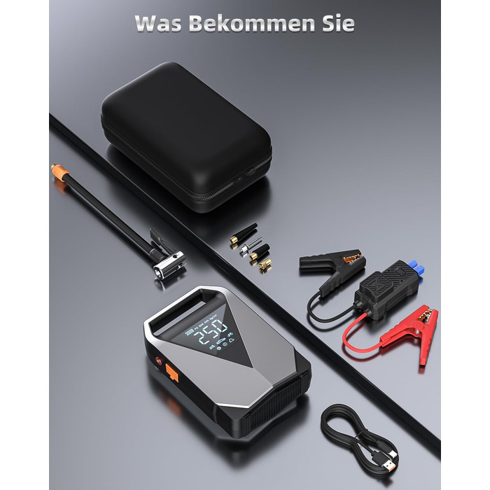 Пусковий пристрій Powerbank з компресором 6в1, бустер для авто 3000А 150PSI для 12В акумуляторів, автозапуск з LCD-екраном, QC3.0 та LED-ліхтарем (для всіх бензинових та дизельних двигунів до 8л)