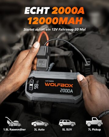 Бустер для автомобіля WOLFBOX 2000A: пусковий пристрій для 12В авто (бензин до 10л, дизель до 10л)