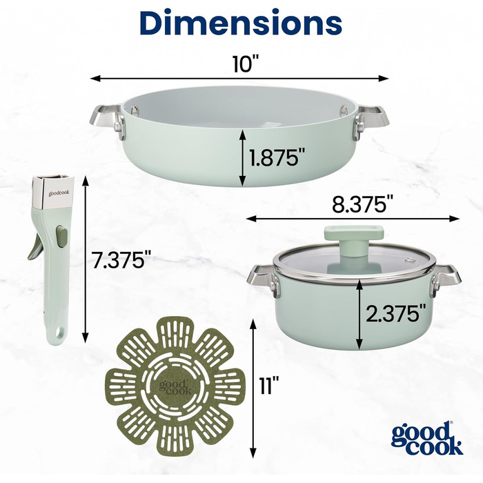 Набір посуду GoodCook Keramik 14 предметів з антипригарним покриттям, знімними ручками, для індукції та духовки, м'ятно-зелений (включає сковороду 20.3 см)