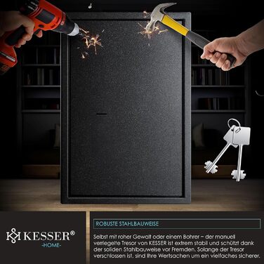 Сейф KESSER для меблів з двобортовим замком, чорний XL, 50x35x31 см, сейф для грошей, настінний/підлоговий, 2 ключі та кріплення
