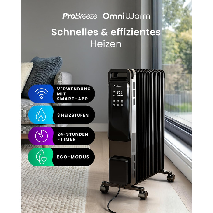 Розумний електричний масляний радіатор Pro Breeze 2500W, 11 секцій, з керуванням через Wi-Fi (Smart App), таймером на 24г, термостатом та сенсорним дисплеєм, чорний