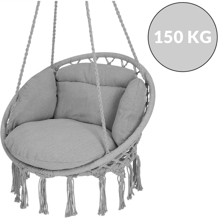 DETEX® Гамак-крісло підвісне до 150 кг, Boho стиль, стійке до погодних умов, сертифікат GS, для саду, 360° обертання, для дому та вулиці, з зручною подушкою (Світло-сірий)
