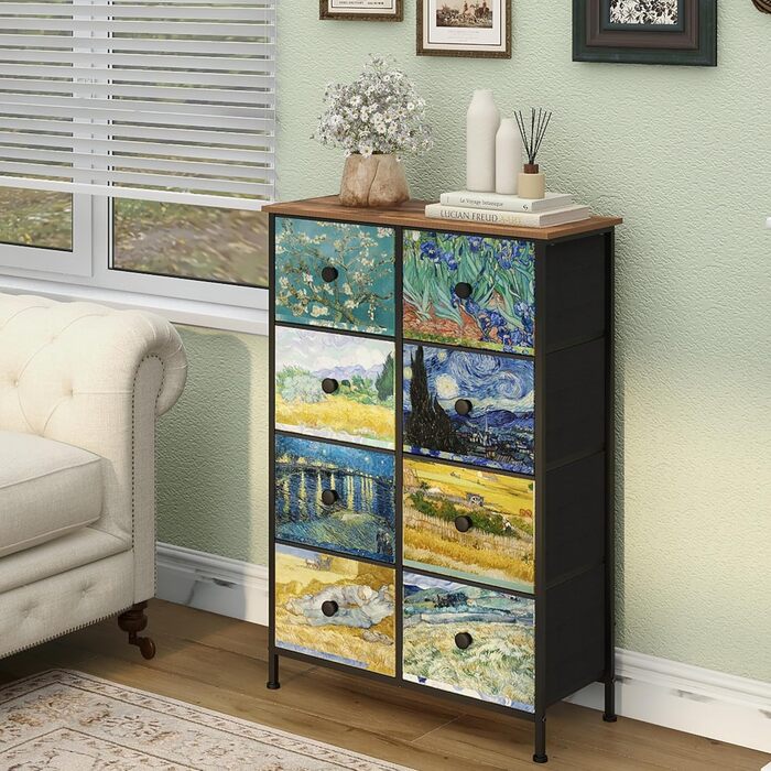 Вузька комод VEDECASA з 8 шухлядами Van Gogh для спальні, дитячої, вітальні, коридору, офісу, металевий каркас, дерев'яна стільниця, тканинні шухляди, 30×67×100 см