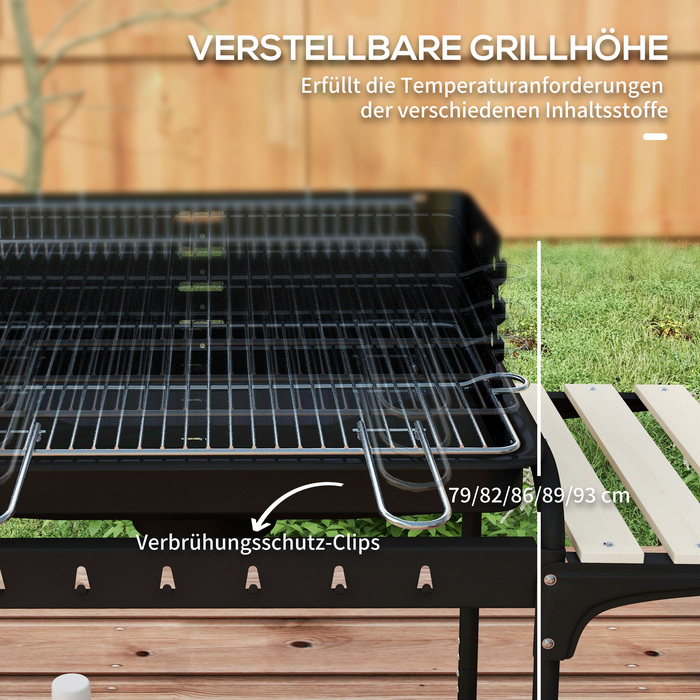 Металевий гриль на вугіллі з димовою трубою (BBQ Smoker) на колесах, з регульованою по висоті решіткою та полицею для дров, розміром 103x47x95 см, чорного кольору.