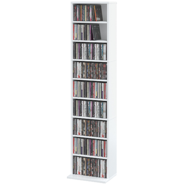 Стелаж для CD/DVD, 9 рівнів, вузька підставка з 6 регульованими полицями, на 260 дисків, білий