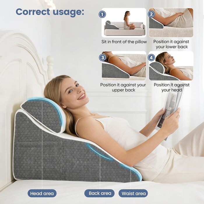 Подушка для читання в ліжку та на дивані з піною Memory Foam, ергономічна спинка, регульована клиноподібна подушка для підтримки спини під час відпочинку, ігор, читання або перегляду телевізора