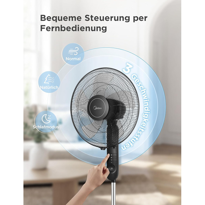 Вентилятор підлоговий Midea FS40-15FR з пультом, 3 режими, LED дисплей, таймер, регульована висота, чорний