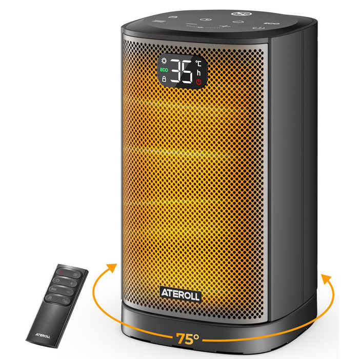 Кварцевий електричний обігрівач Ateroll 2000W, компактний енергоощадний тепловентилятор з 3 режимами роботи, чорний квадратний