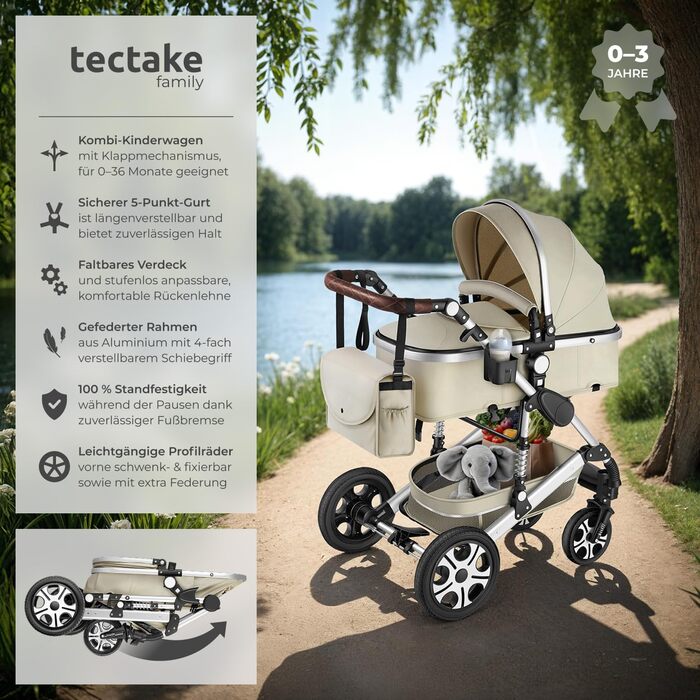Дитяча коляска Tectake 2 в 1: розкладний візок-ліжко з підніжкою, тримачем для напоїв, люлькою та дощовиком (сірий/бежевий)