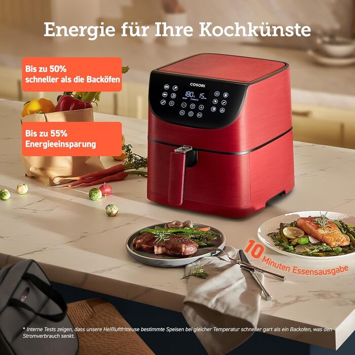 Аерофритюрниця COSORI 5,5 л XXL, червона, цифровий LED-екран, 11 програм, функції попереднього нагріву та підтримки тепла, Shake-режим, 100 рецептів німецькою, без олії, 1700 Вт, преміум якість