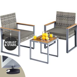 Набір садових меблів Casaria® з ротангу та акації для балкона та тераси: 2 крісла, стіл, подушки, стійкий до погодних умов, сірий колір
