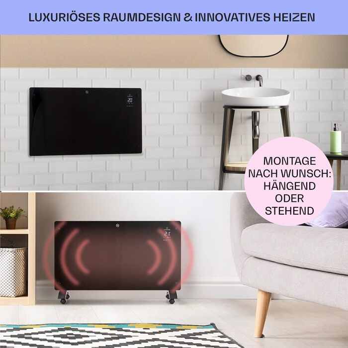Електричний конвектор Klarstein 2500W — енергоощадний обігрівач з термостатом, керуванням через додаток та можливістю настінного монтажу, чорний