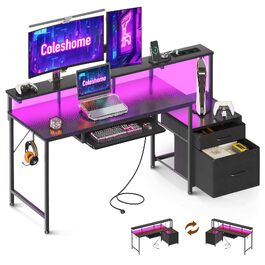 Ігровий стіл Coleshome з LED підсвіткою 140x48 см, з ящиками, 2 розетками та 2 USB портами, з підставкою для монітора, чорний