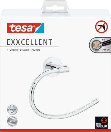 Tesa EXXCELLENT тримач для рушників, 2-рукавний, хромований, без свердління, з клейовим кріпленням, антикорозійний, для ванної кімнати, 50x84x457 мм