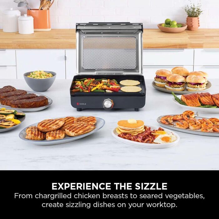 Електричний гриль Ninja Sizzle з антипригарним покриттям та плоскою поверхнею, 1460 Вт, з кришкою та піддоном для жиру
