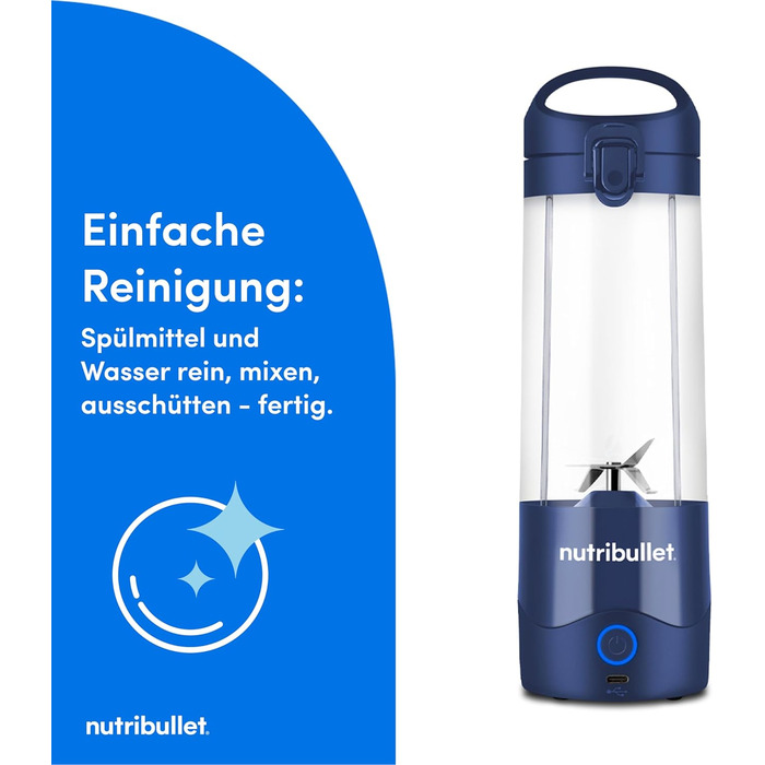 Портативний блендер nutribullet, 475 мл, BPA-free, багатоцільовий, USB-C зарядка, понад 15 циклів змішування, синій