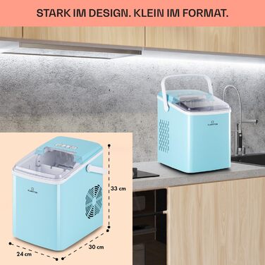 Льодогенератор Klarstein Arctic Porter, 12 кг/24 год, 2 розміри кубиків, 8 хв цикл, резервуар 2 л, дисплей, таймер, ручка, BPA-free, синій