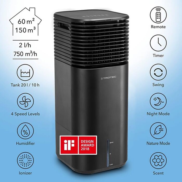 Trotec PAE 50 Aircooler 4-в-1: Мобільний кондиціонер, вентилятор, очищувач повітря, зволожувач - 20л, 4 режими, таймер, іонізатор