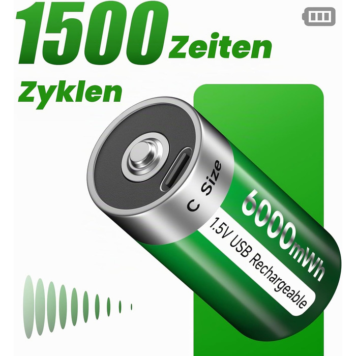 Акумулятори типу C (LR14) 1.5V 6000mWh перезарядні літієві батареї з USB-C портом для швидкої зарядки, 4 шт. (комплект з кабелем)