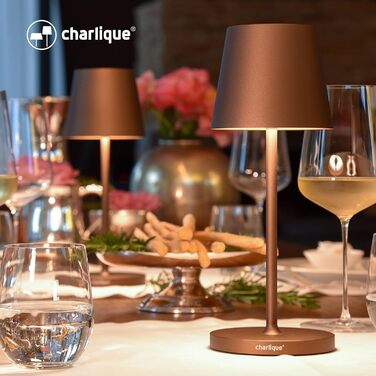 Світильник charlique® LED акумуляторний настільний міні (коричневий), 28 см – бездротова лампа з USB, тепле світло, для дому та вулиці, водостійка для балкона, тераси й саду
