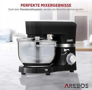 Кухонна машина Arebos 1500W чорного кольору | Міксер з 2 чашами з нержавіючої сталі 4.5 та 5.5L | Тиха робота | 6 швидкостей, набір насадок (крюк для тіста, вінчик, гак для збивання)