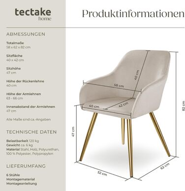 Крісло tectake® Esszimmerstuhl: зручне, з підлокітниками, оббивка з велюру, для вітальні, їдальні, офісу. Набір 6 шт. Колір: пудровий/золотий