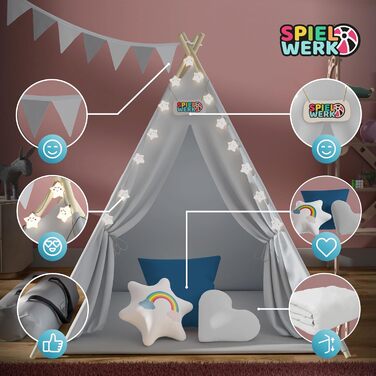 Дитяче намет-типі Spielwerk® з килимком, гірляндою та подушками (130x130 см), бавовна, дерево, сірий, блакитний