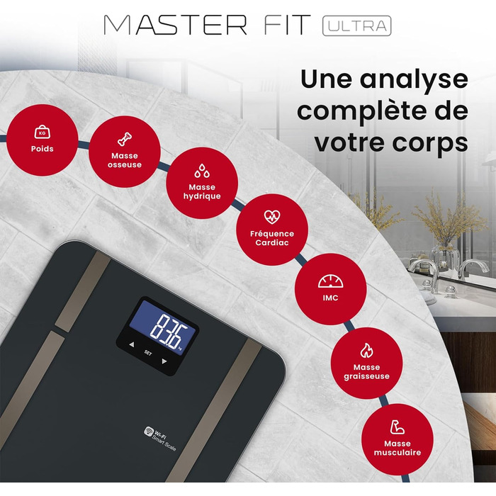 Розумні ваги TERRAILLON Master Fit Ultra з Wi-Fi, вимірюванням пульсу, аналізом жиру, м'язової, водної, кісткової та вісцеральної маси, ІМТ, підрахунком калорій