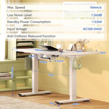 Регульований по висоті офісний стіл FlexiSpot Basic 100x60 см, білий - з кабель-менеджментом, гачком, цілісна стільниця, для дому та офісу