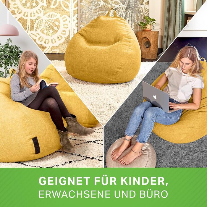 Сидячий мішок-чохол Green Bean XXL 80x90 см, льон, без наповнювача, жовтий, м'який, міцний, праний, додатковий внутрішній мішок, для дому