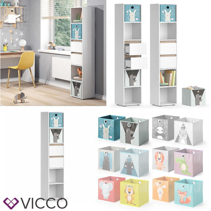 Дитячий стелаж Vicco Robert білий/сонома 36,2x171 см з кольоровими та сірими коробами для зберігання