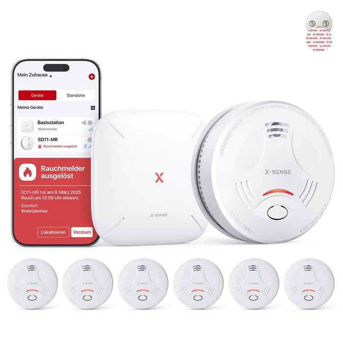 X-Sense Розумний димовий сповіщувач Wi-Fi з магнітною кріпленням, сертифікований EN 14604, мережевий димовий сповіщувач, керування через додаток, з базовою станцією SBS50, бездротовий димовий сповіщувач, SD11-MR61, комплект з 6 шт. білий