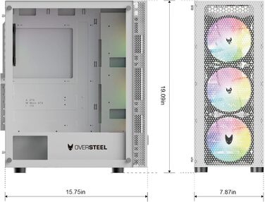 Oversteel Azurite ігровий корпус для ПК, білий, ATX/Micro ATX/ITX, 4 вентилятори 120 мм A-RGB, сітчаста передня панель, загартоване скло, USB 3.0, вертикальний монтаж
