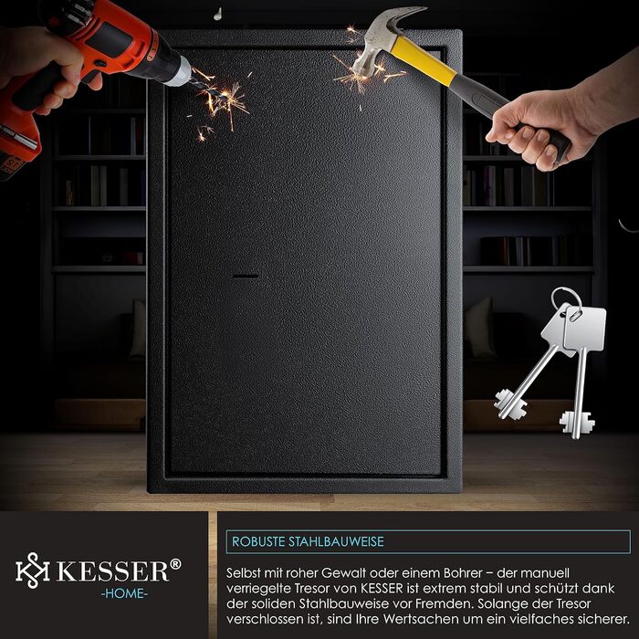 Сейф KESSER для меблів з двобортовим замком, чорний XL, 50x35x31 см, сейф для грошей, настінний/підлоговий, 2 ключі та кріплення