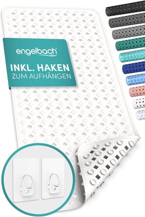 Протиковзкий килимок Engelbach для ванни, 88x40 см, білий, 100% BPA-free, з 2 гачками, антипліснявий, машинне прання