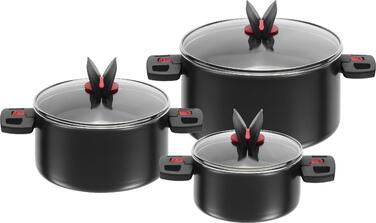Набір каструль BALLARINI Click + Cook, 3 шт. (16, 20, 24 см), зі скляними кришками, з антипригарним покриттям, з відкидними ручками, чорний