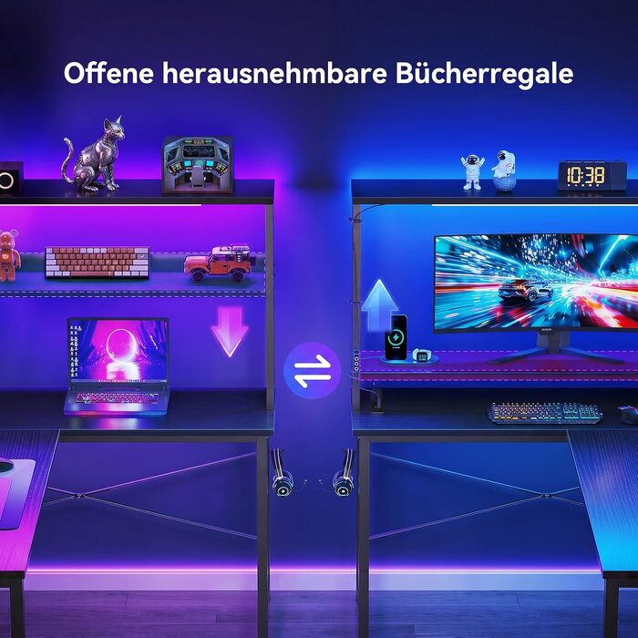Ігровий кутовий стіл ODK Gaming з LED-підсвіткою, полицею-дисплеєм та розеткою, 110×80 см, чорний — ергономічний комп'ютерний стіл з органайзером