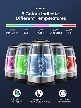 Електрочайник FOHERE з регулюванням температури, 1.7 л, скляний, 2200 Вт, LED-підсвітка, 5 температурних режимів (50–100°C), функція підтримки тепла, нержавіюча сталь, BPA-free