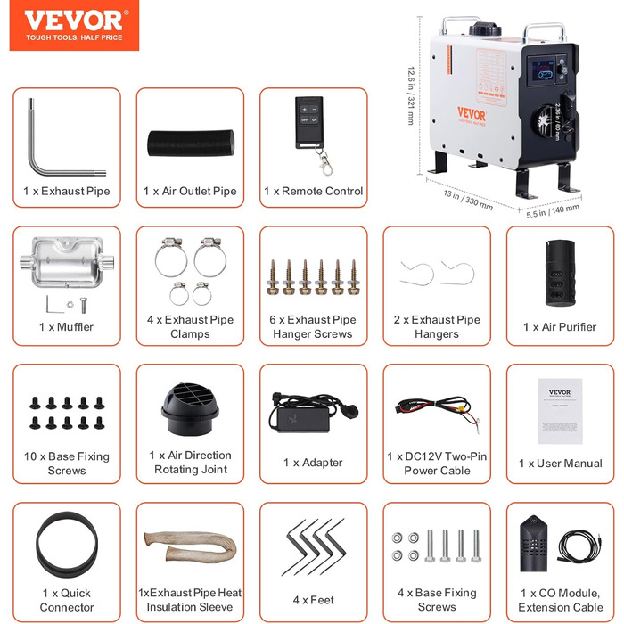 Дизельний обігрівач VEVOR 8 кВт 12/24 В з пультом керування та LCD-дисплеєм, 4,5 л бак, для вантажівок та автодому