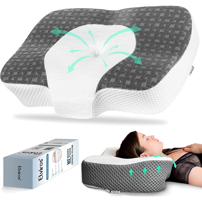 Ортопедична подушка Elviros з піни Memory Foam для шиї та плечей, ергономічна подушка проти хропіння, для сну на боці, темно-сіра 60x38,6x9,9/13,5 см